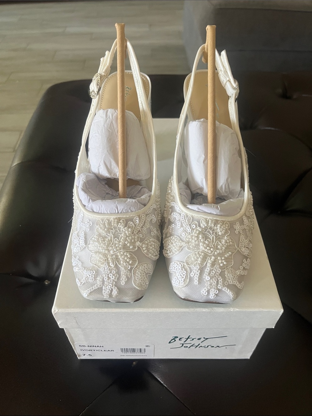 Betsey Johnson Ivory/Clear Lace Embellished Slingback Heels size 7.5
